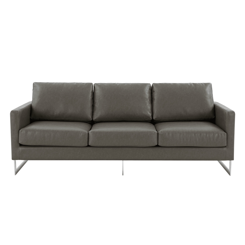 LeisureMod 3-Seater Leather Sofa with Removable Cushions/Steel Base in Grey