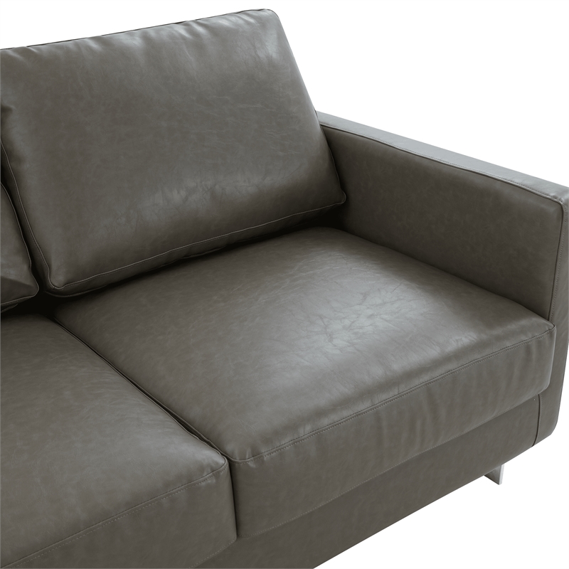 LeisureMod 3-Seater Leather Sofa with Removable Cushions/Steel Base in Grey
