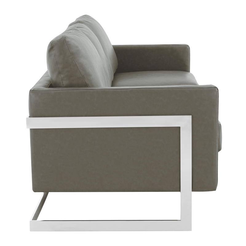 LeisureMod 3-Seater Leather Sofa with Removable Cushions/Steel Base in Grey