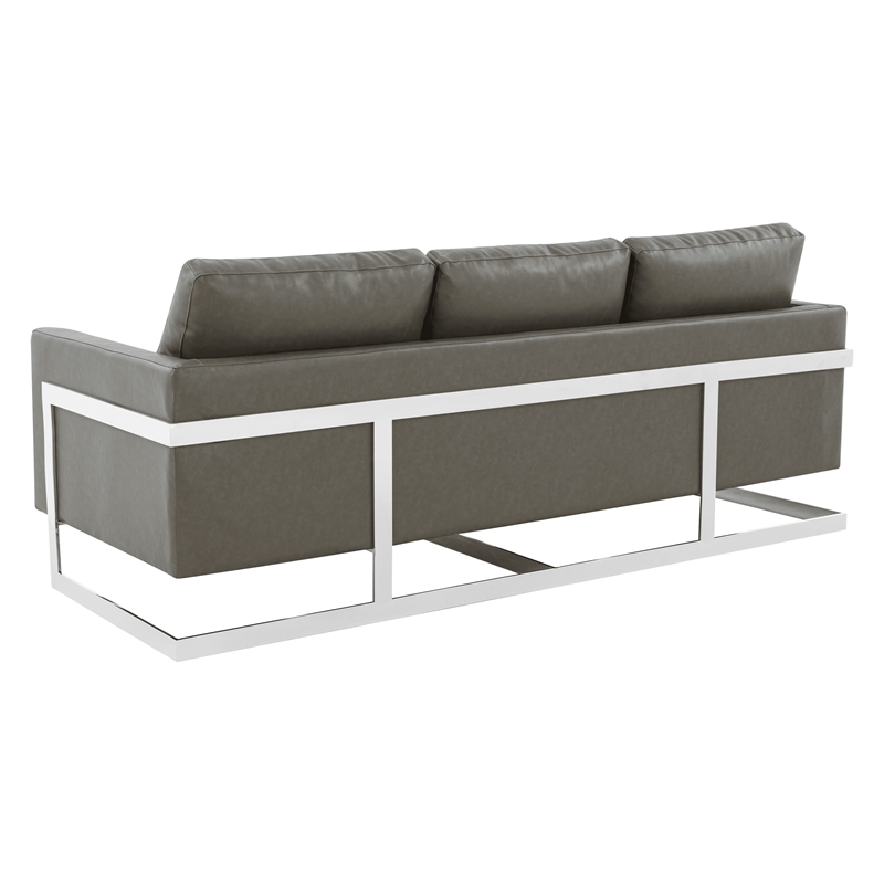 LeisureMod 3-Seater Leather Sofa with Removable Cushions/Steel Base in Grey