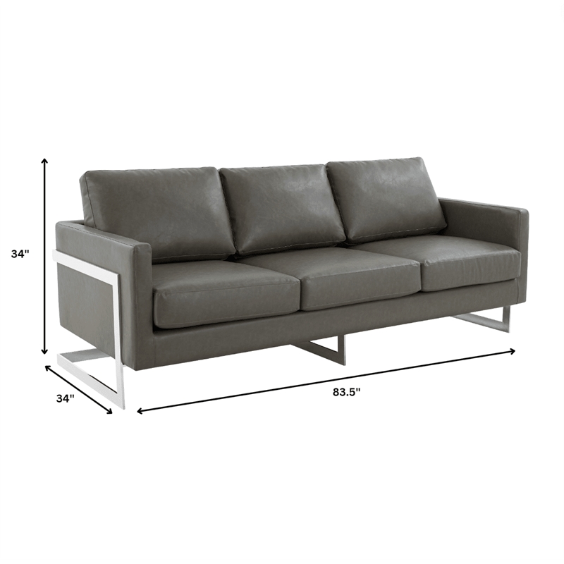 LeisureMod 3-Seater Leather Sofa with Removable Cushions/Steel Base in Grey
