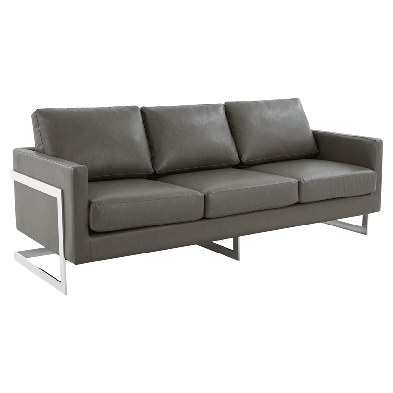 LeisureMod 3-Seater Leather Sofa with Removable Cushions/Steel Base in Grey