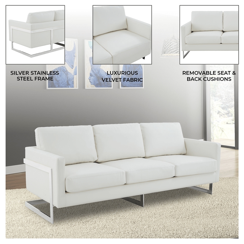 LeisureMod 3-Seater Leather Sofa with Removable Cushions/Steel Base in White