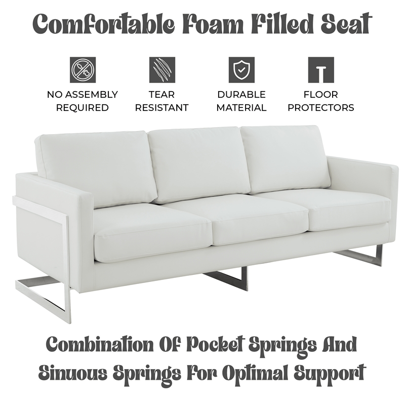 LeisureMod 3-Seater Leather Sofa with Removable Cushions/Steel Base in White