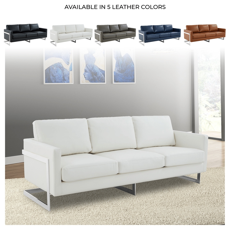 LeisureMod 3-Seater Leather Sofa with Removable Cushions/Steel Base in White