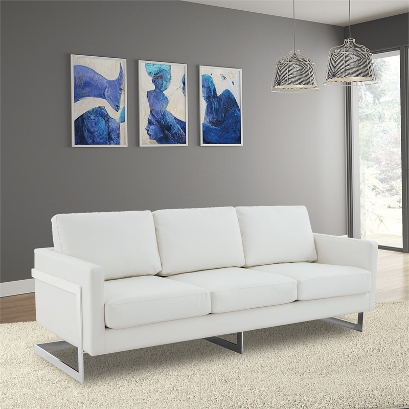 LeisureMod 3-Seater Leather Sofa with Removable Cushions/Steel Base in White