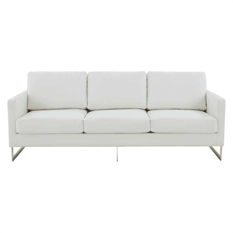 LeisureMod 3-Seater Leather Sofa with Removable Cushions/Steel Base in White