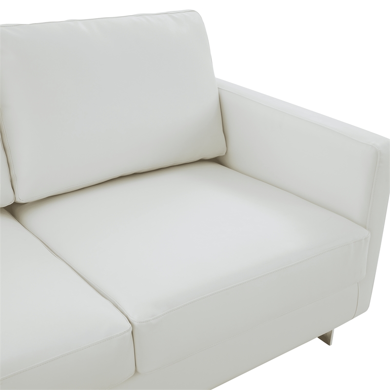 LeisureMod 3-Seater Leather Sofa with Removable Cushions/Steel Base in White
