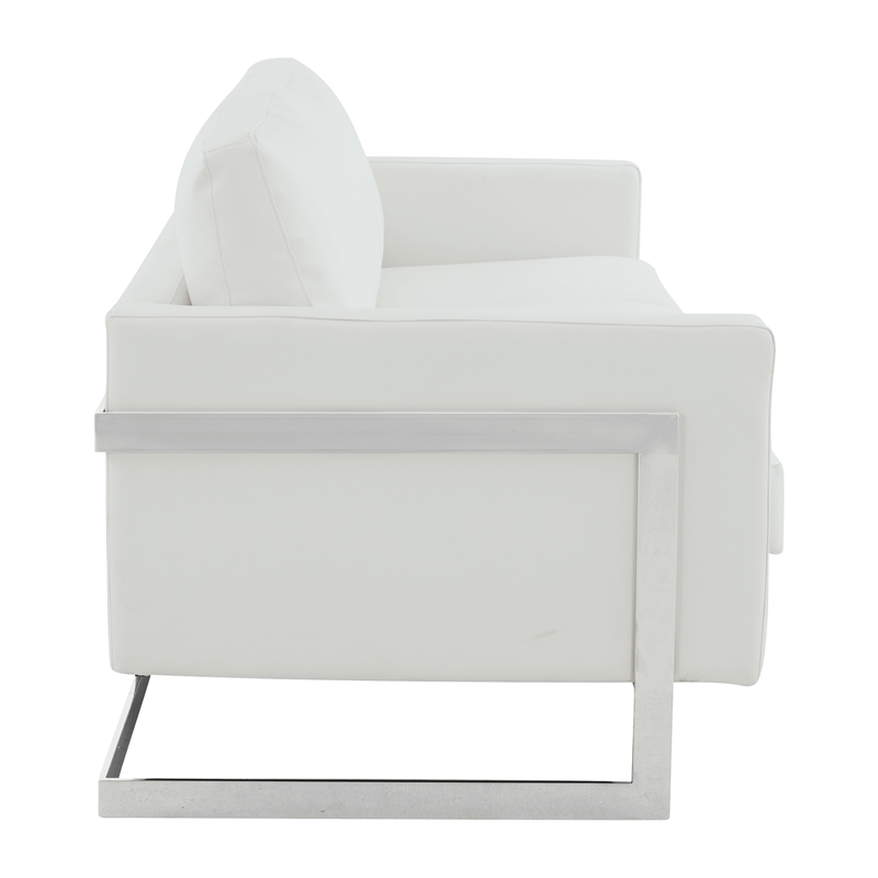 LeisureMod 3-Seater Leather Sofa with Removable Cushions/Steel Base in White
