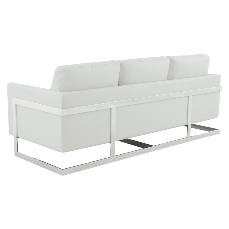 LeisureMod 3-Seater Leather Sofa with Removable Cushions/Steel Base in White
