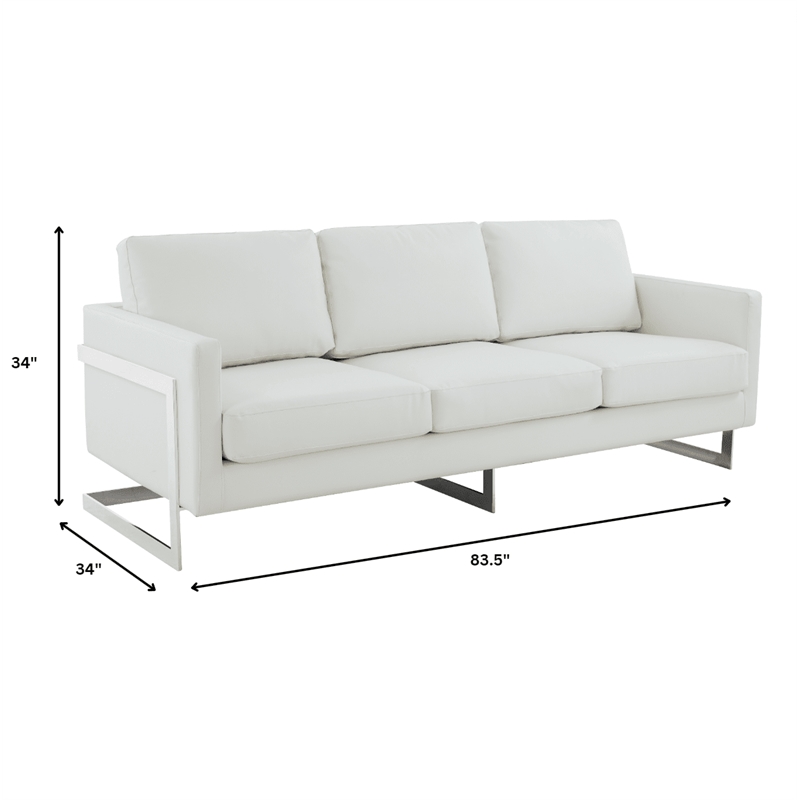 LeisureMod 3-Seater Leather Sofa with Removable Cushions/Steel Base in White