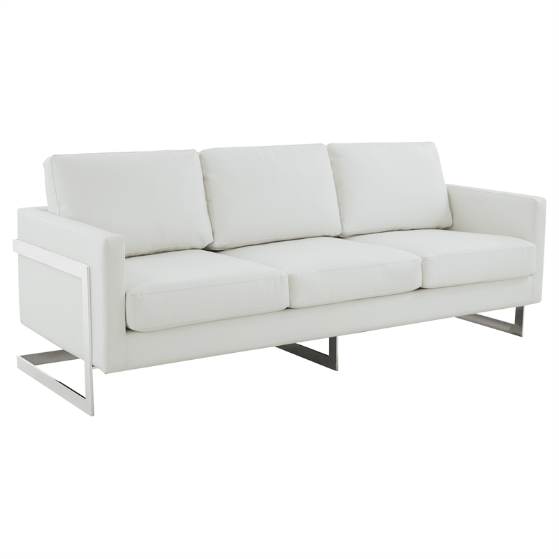 LeisureMod 3-Seater Leather Sofa with Removable Cushions/Steel Base in White