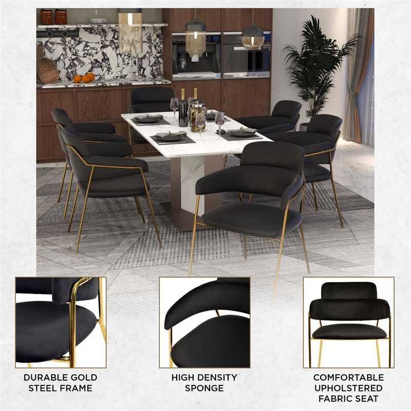 Velvet Dining Chair with Gold Powder-Coated Stainless Steel Legs in Black