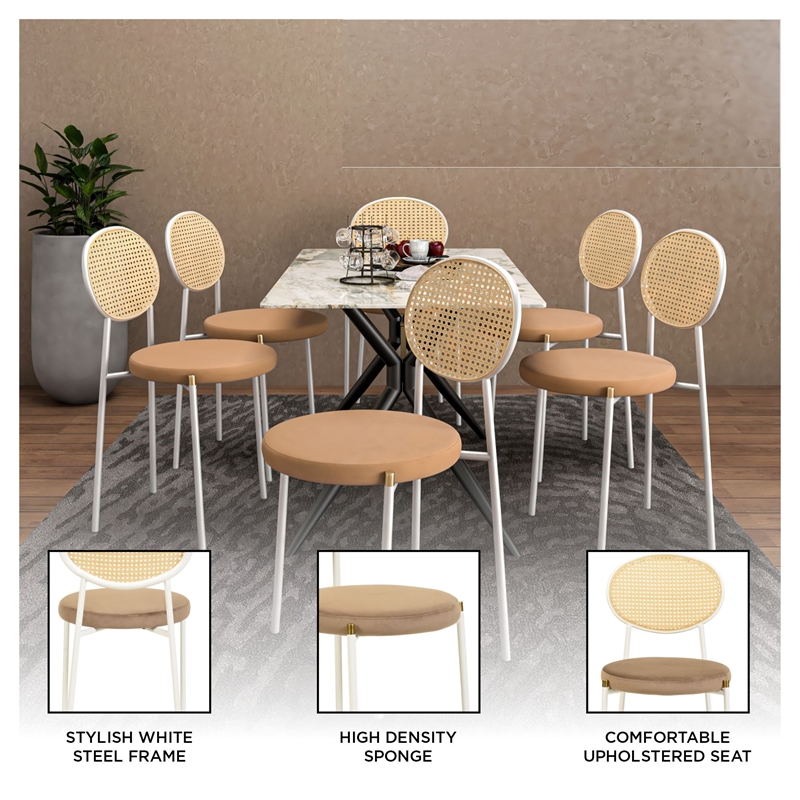 Velvet Dining Chair with Rattan Back and Stainless Steel Legs in Brown
