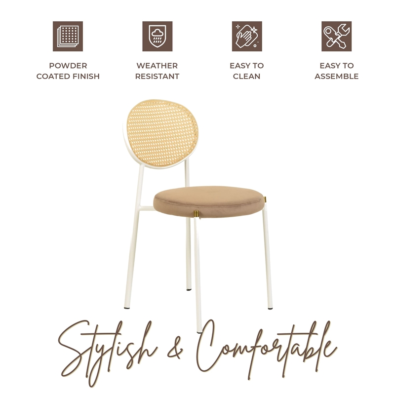 Velvet Dining Chair with Rattan Back and Stainless Steel Legs in Brown
