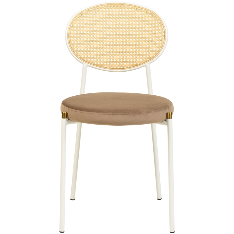 Velvet Dining Chair with Rattan Back and Stainless Steel Legs in Brown