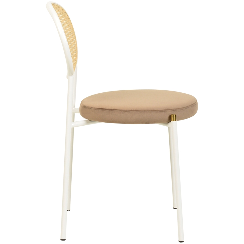 Velvet Dining Chair with Rattan Back and Stainless Steel Legs in Brown