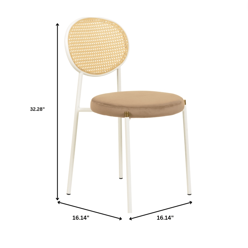 Velvet Dining Chair with Rattan Back and Stainless Steel Legs in Brown