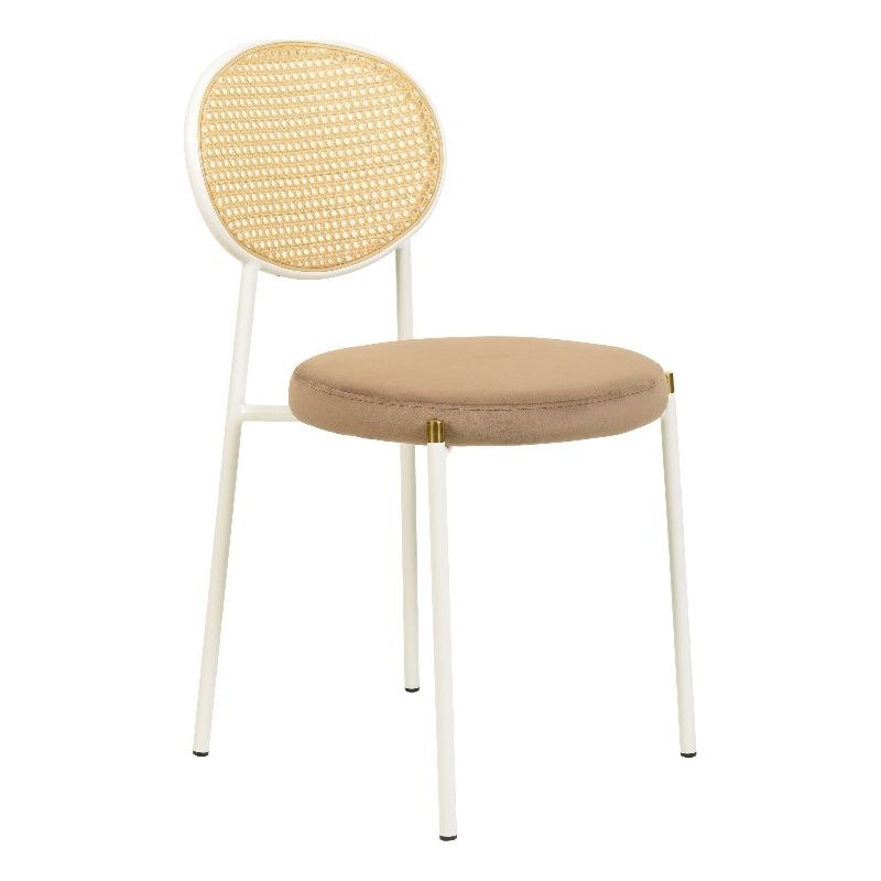 Velvet Dining Chair with Rattan Back and Stainless Steel Legs in Brown