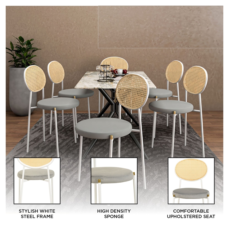 Velvet Dining Chair with Rattan Back and Stainless Steel Legs in Grey