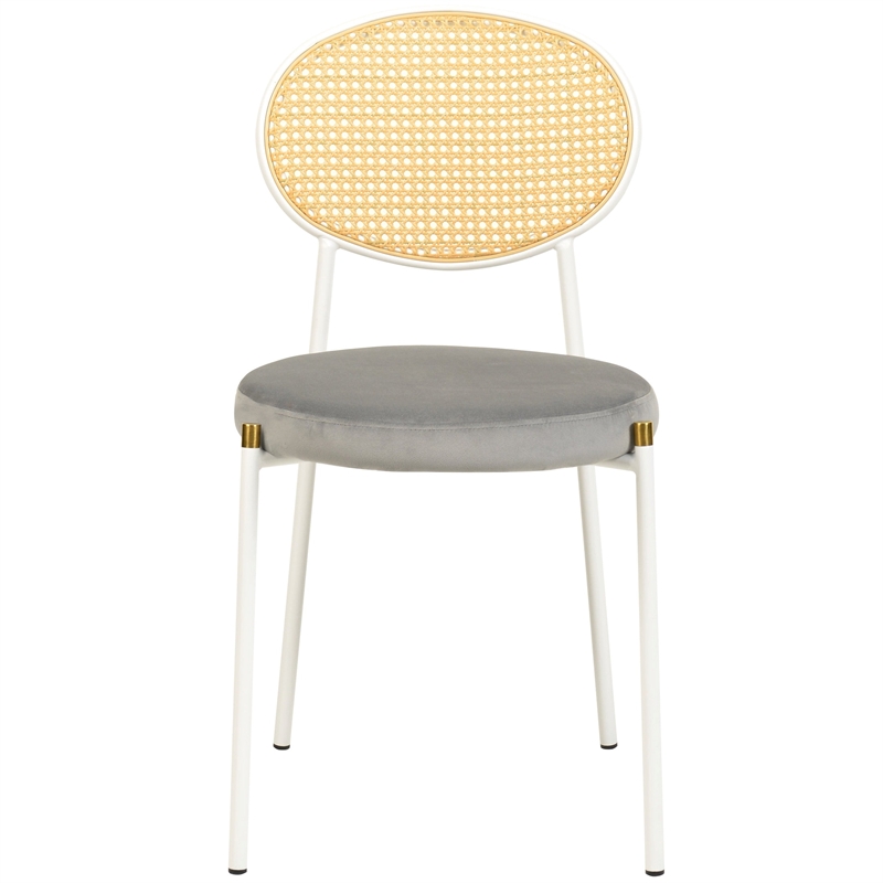 Velvet Dining Chair with Rattan Back and Stainless Steel Legs in Grey