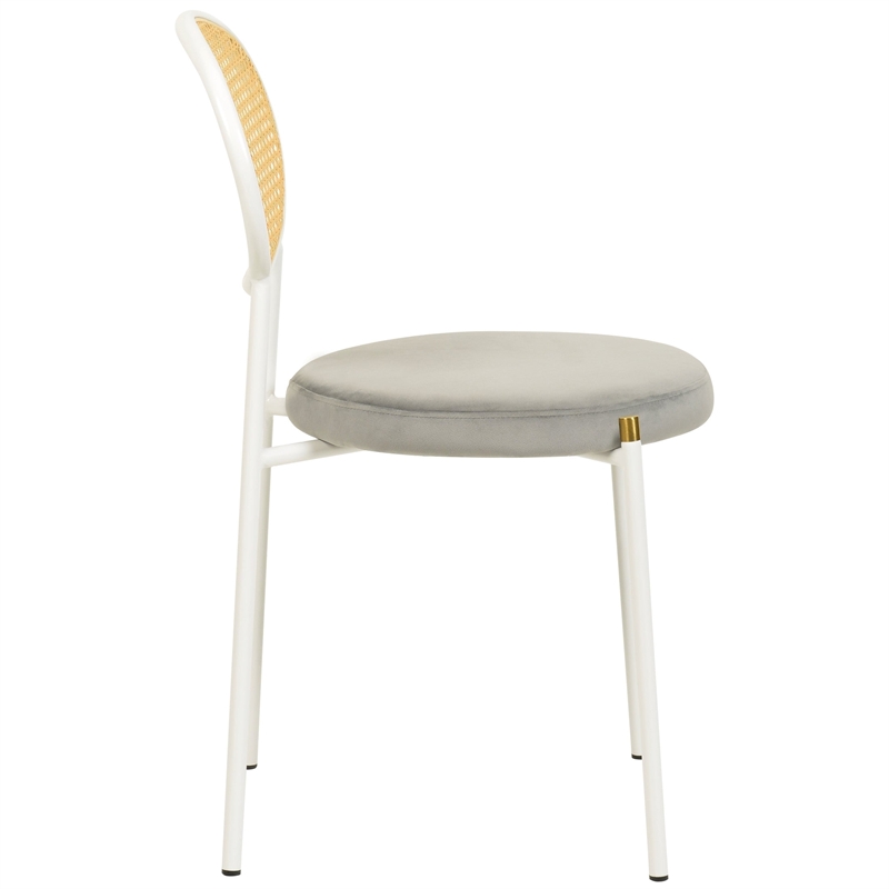 Velvet Dining Chair with Rattan Back and Stainless Steel Legs in Grey