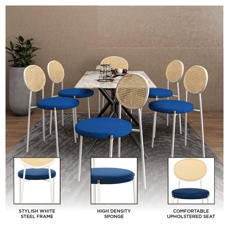 Velvet Dining Chair with Rattan Back and Stainless Steel Legs in Navy Blue