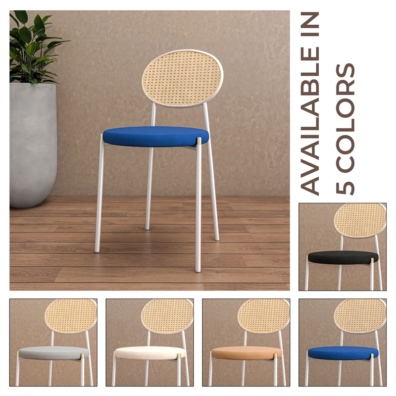 Velvet Dining Chair with Rattan Back and Stainless Steel Legs in Navy Blue