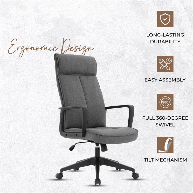 LeisureMod High-Back Polyester Office Chair with Adjustable Height in Charcoal