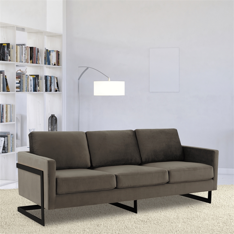 3-Seater Upholstered Velvet Sofa with Black Stainless-Steel Base in Dark Gray
