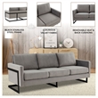 LeisureMod 3-Seater Velvet Sofa with Black Stainless-Steel Base in Light Gray