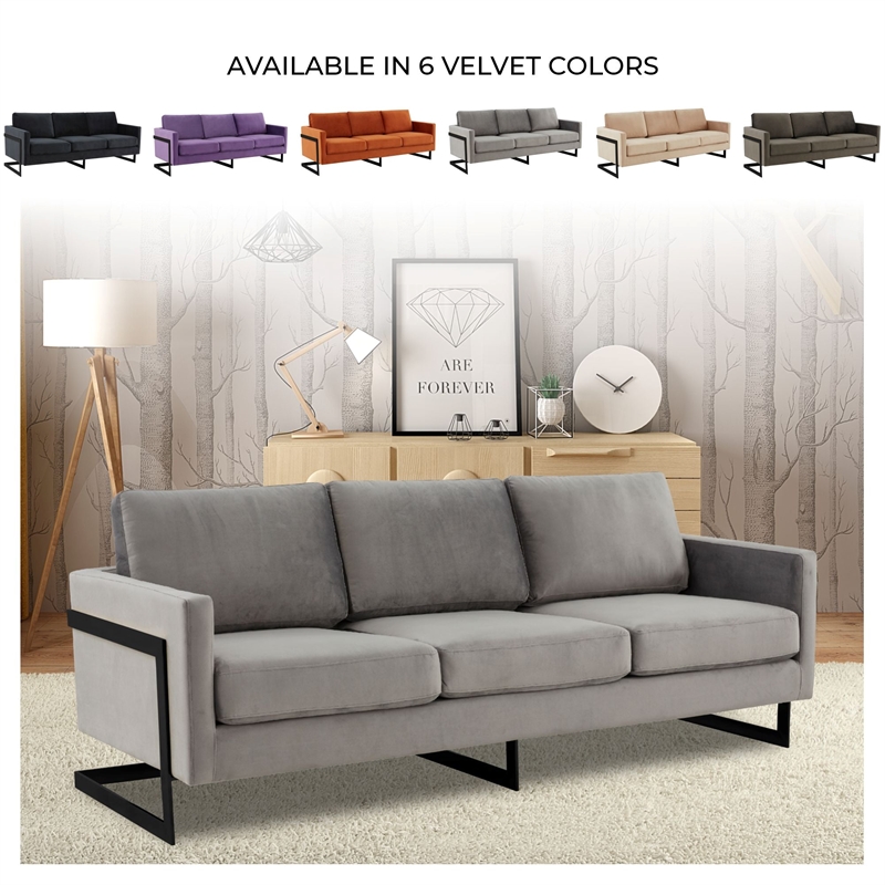 3-Seater Upholstered Velvet Sofa with Black Stainless-Steel Base in Light Gray