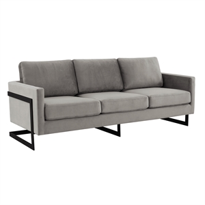 LeisureMod 3-Seater Velvet Sofa with Black Stainless-Steel Base in Light Gray