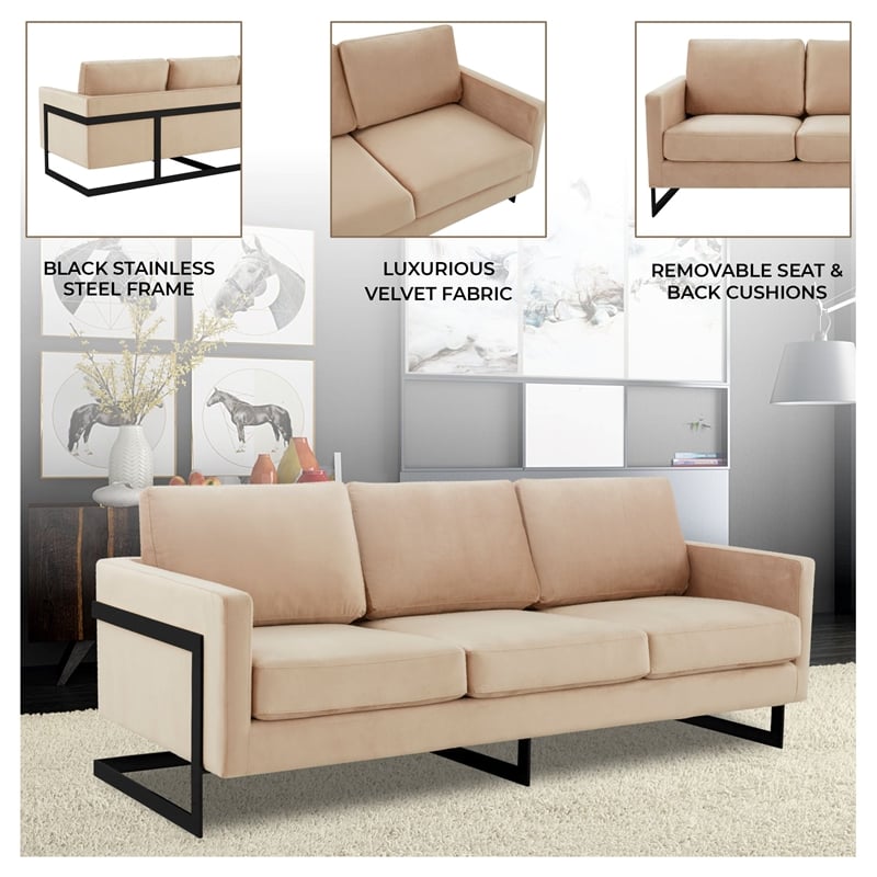 3-Seater Upholstered Velvet Sofa with Black Stainless-Steel Base in Beige