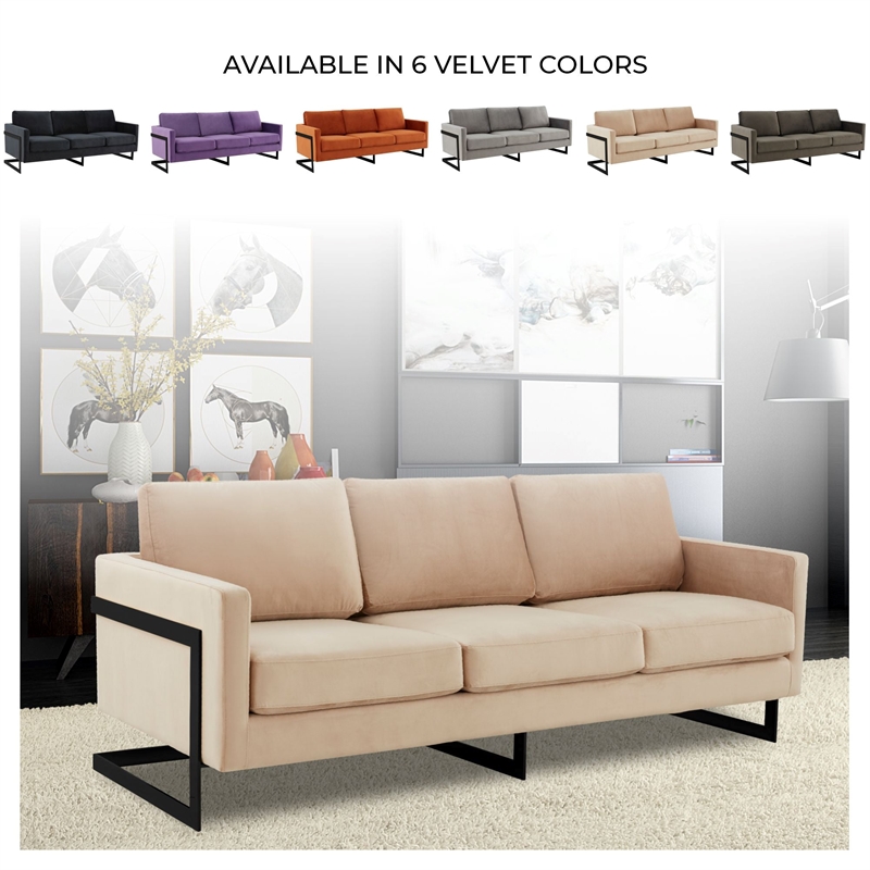 3-Seater Upholstered Velvet Sofa with Black Stainless-Steel Base in Beige