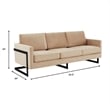 LeisureMod 3-Seater Upholstered Velvet Sofa with Black Stainless-Steel Base in Beige