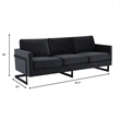 LeisureMod 3-Seater Upholstered Velvet Sofa with Black Stainless-Steel Base in Black