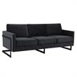 LeisureMod 3-Seater Upholstered Velvet Sofa with Black Stainless-Steel Base in Black