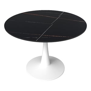 Round Dining Table 40&quot Sintered Stone Tabletop White Steel in Black