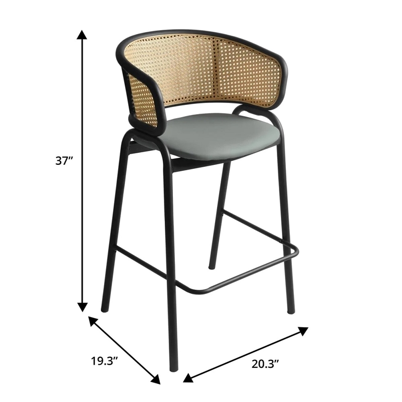 Ervilla Wicker Back and Leather Upholstered Bar Stool in Gray/Black (Set of 2)