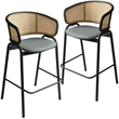 Ervilla Wicker Back and Leather Upholstered Bar Stool in Gray/Black (Set of 2)