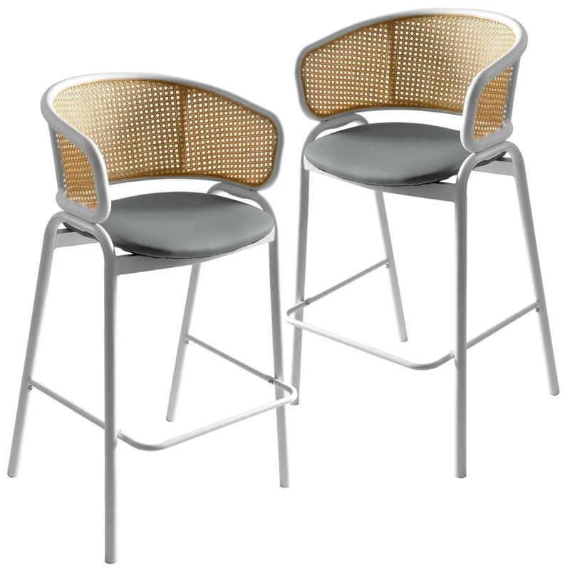 Ervilla Wicker Back and Leather Upholstered Bar Stool in Gray/White (Set of 2)