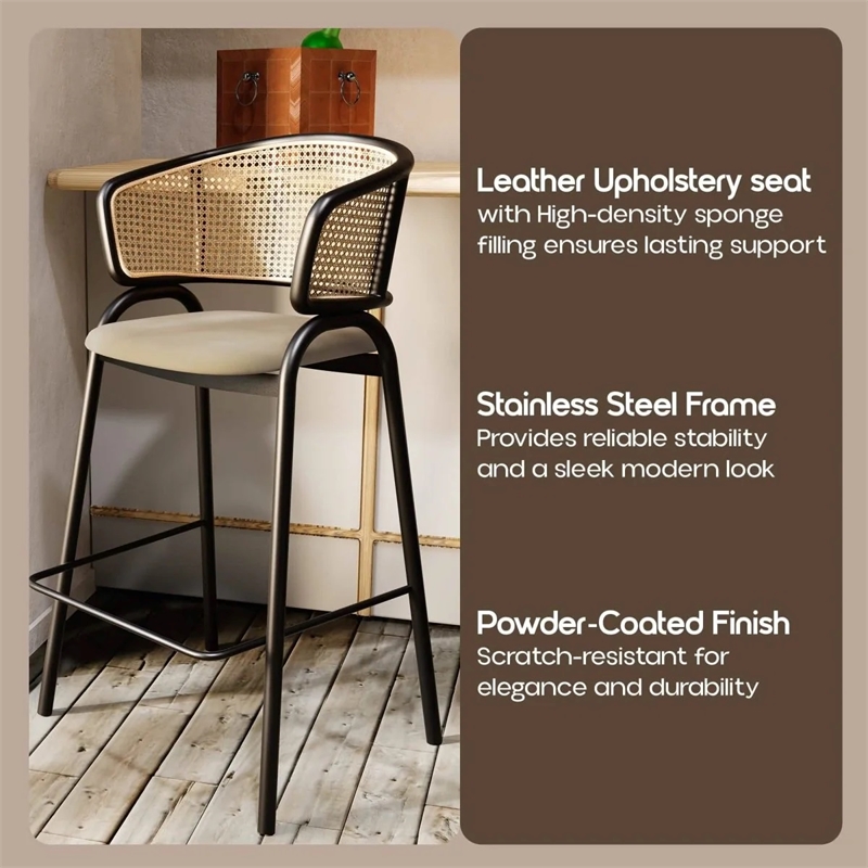 Ervilla Wicker Back and Leather Upholstered Bar Stool in Taupe/Black (Set of 2)