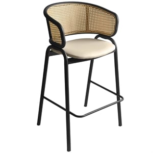 LeisureMod Ervilla Wicker Back and Leather Upholstered Bar Stool in Beige/Black