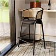 LeisureMod Ervilla Wicker Back and Leather Upholstered Bar Stool in Black/Black