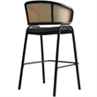 LeisureMod Ervilla Wicker Back and Leather Upholstered Bar Stool in Black/Black