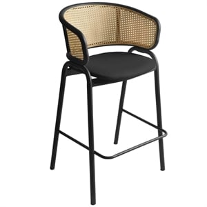 LeisureMod Ervilla Wicker Back and Leather Upholstered Bar Stool in Black/Black