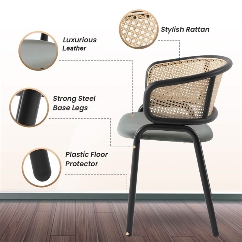 LeisureMod Ervilla Wicker Back and Leather Seat Dining Chair in Gray/Black