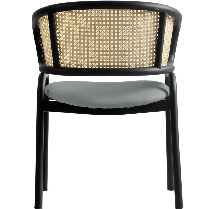 LeisureMod Ervilla Wicker Back and Leather Seat Dining Chair in Gray/Black