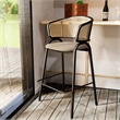 LeisureMod Ervilla Wicker Back and Leather Upholstered  Bar Stool in Taupe/Black